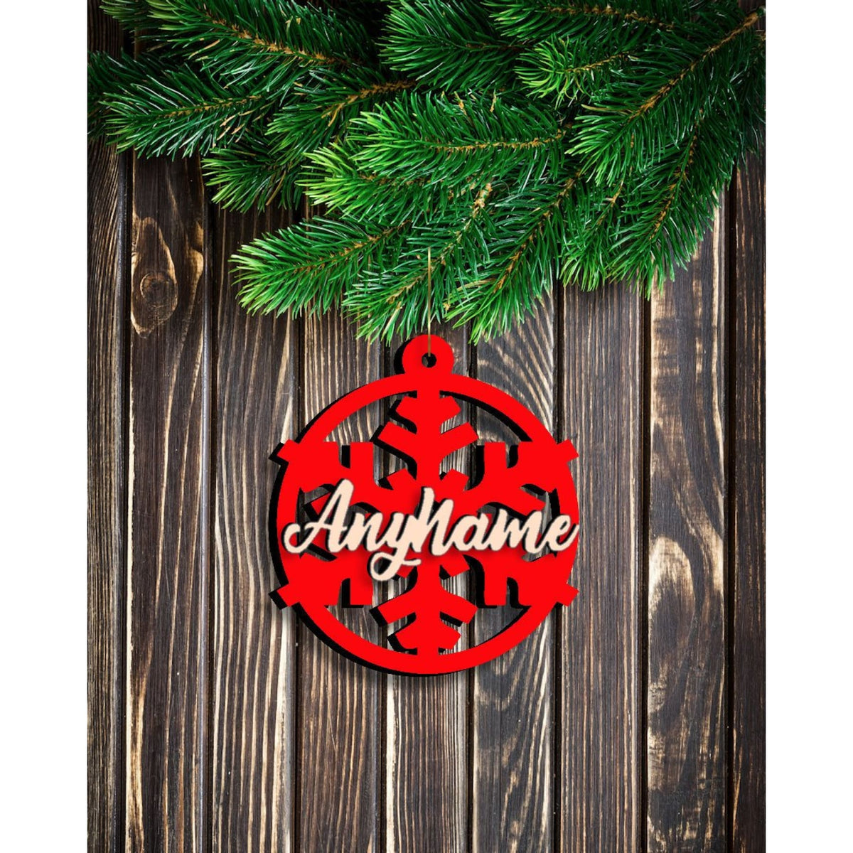 Christmas Ornament Card, on Red with Custom name Snowflake