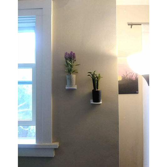 6+ White Acrylic Wall Stand, Stick On, Single Shelf No Nails or Screws