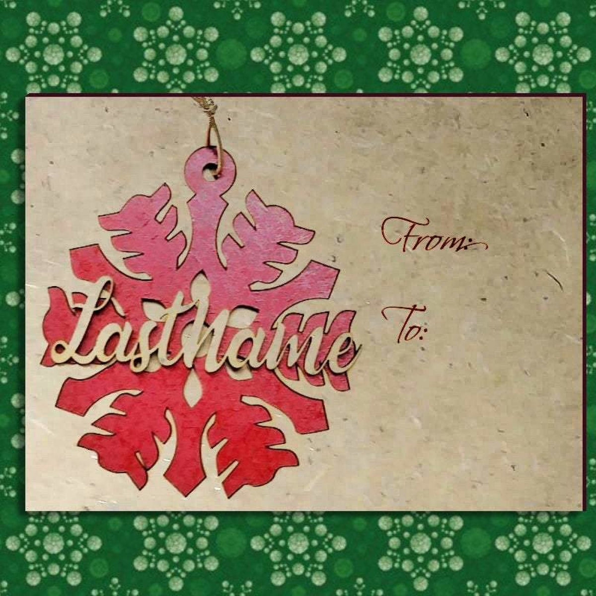 Christmas Ornament Card, on Red with Custom name Snowflake